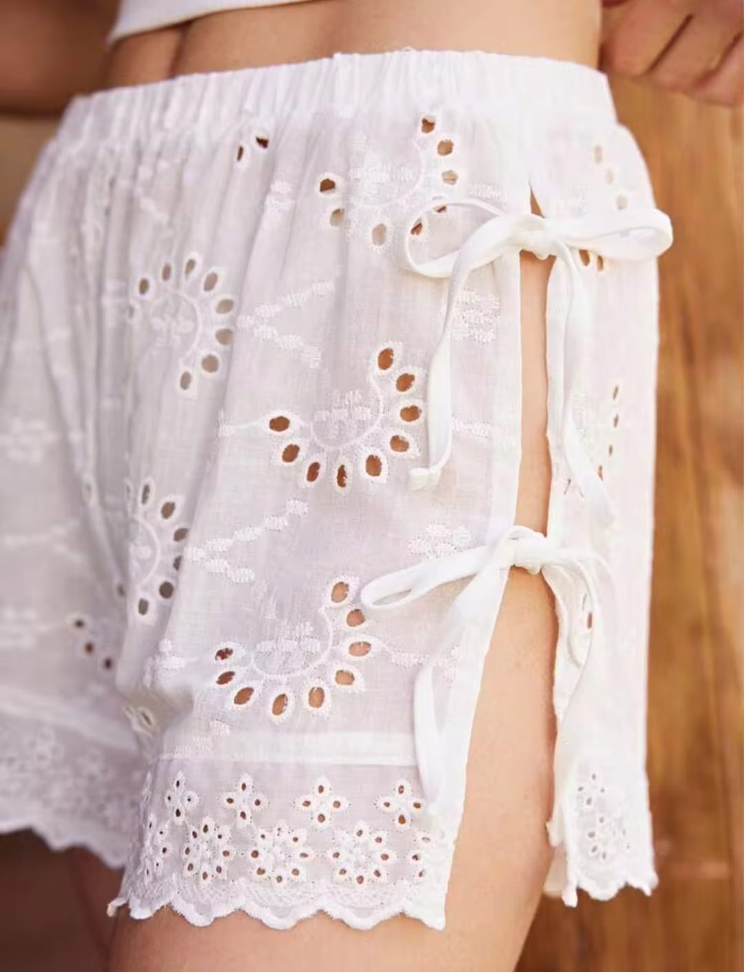 Women's White Eyelet Lace Side-Tie Beach Cover-Up Shorts / Broderie Anglaise Lounge Shorts